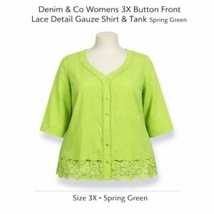 Denim &‎ Co Womens 3X Button Front Lace Detail Gauze Shirt & Tank Spring Green